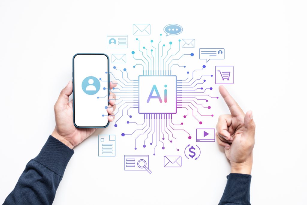 Illustrations shows AI in the middle and various types of marketing circling.